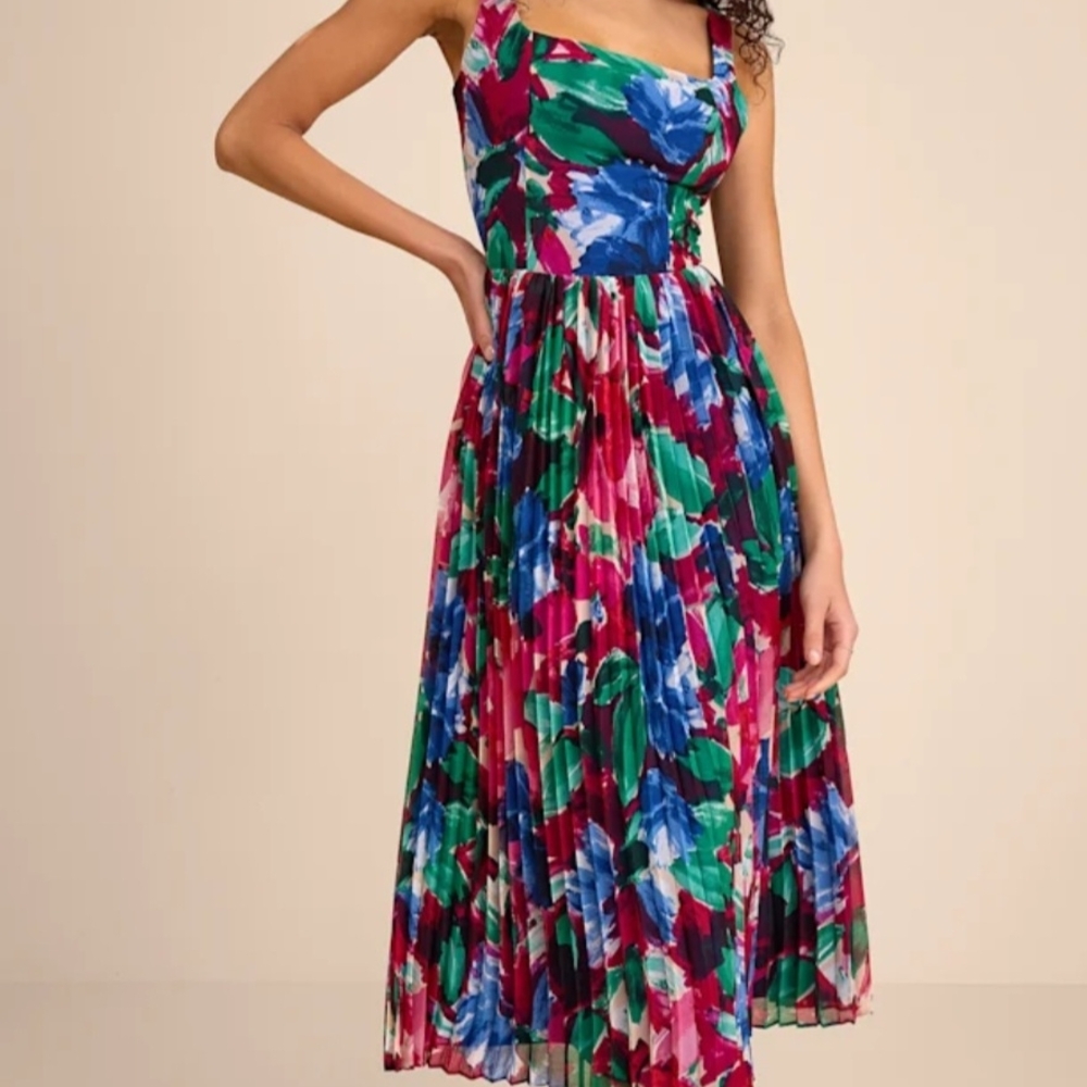 NWT Fuschia Multi Floral Pleated Midi Dress